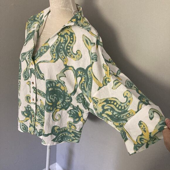 Zara Top Linen blend oversize shirt top Beach Boho Paisley Coastal Women's L - Picture 2 of 12